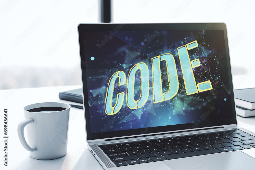 Aufkleber creative code word sign on modern computer monitor, international software development concept. 3d r