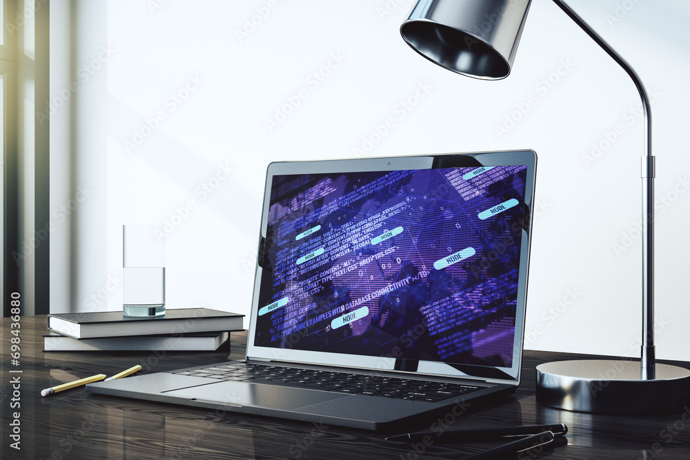 Fototapete modern computer screen with abstract creative coding sketch and world map, artificial intelligence a