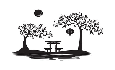 silhouette Japanese landmarks torii gate in the sakura garden near the water vector © bleskk