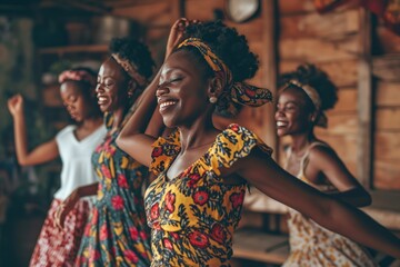 Group of young black african beauty women in their forties participating in an energetic dance...
