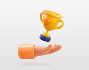 Champion cup in human hand 3d vector illustration. Win prize, first place sport competition design element. Isolated cartoon trophy cup on white background.