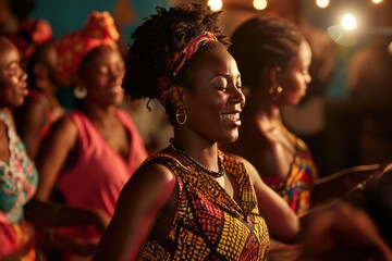 Group of young black african beauty women in their forties participating in an energetic dance workshop, embracing the rhythm and camaraderie of a lively salsa session generative ai