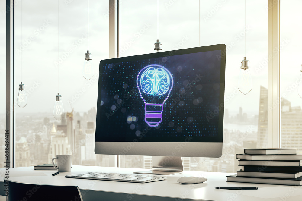 Poster creative light bulb illustration with human brain on modern computer monitor, future technology conc