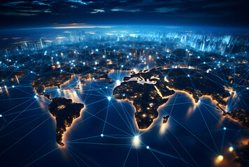 Global worldwide network connection and data connections concept. A world map with a blue light connected to it, gold and navy, global influences. Communication technology for internet.