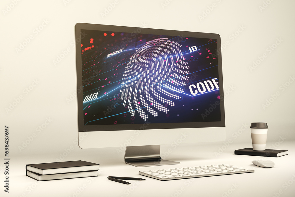 Poster abstract creative fingerprint concept on modern laptop screen. 3d rendering