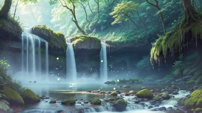 a waterfall in the river stream inside tropical forest looping animation background