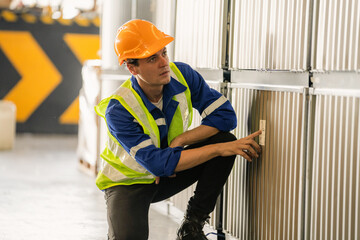A supervisor checks on goods in boxes in storage products in the warehouse.