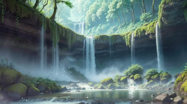 a waterfall in the river stream inside tropical forest looping animation background