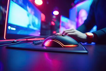 Professional gamer controls computer mouse online game neon color blur background, soft focus - obrazy, fototapety, plakaty
