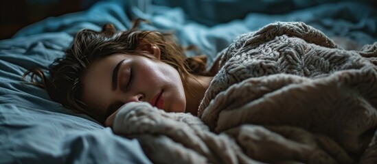 Beautiful caucasian woman peacefully sleeping in a cozy bed.