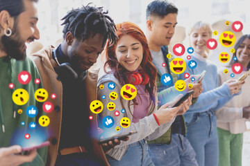 Youth Engaging with Emojis on Social Media - obrazy, fototapety, plakaty