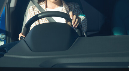 Female hands in steering wheel of car.