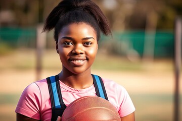 portrait black girl netball sports smile fitness training game outdoor happy teen ready exercise athlete african female ball healthy active lifestyle - obrazy, fototapety, plakaty