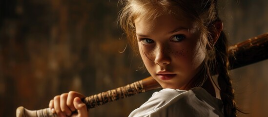 Blond girl holds baseball bat with determination. - Powered by Adobe