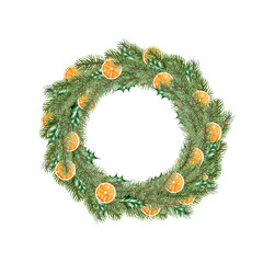 Watercolor illustration.Christmas wreath with orange slices.Spruce New Year wreath. Decorative element.