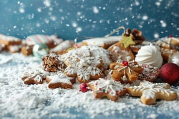 Obraz na płótnie Canvas Captivating holiday delight: Assorted Christmas cookies and decorations nestled on snowy ground against a serene blue backdrop generative ai