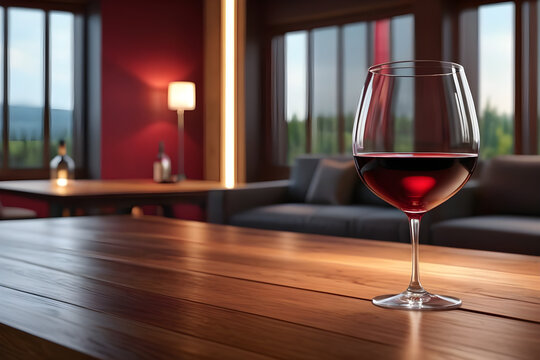 A red wine glass on a simple background, with a blank space, romantic atmosphere, Valentine's Day, confession, wedding anniversary. Generative AI