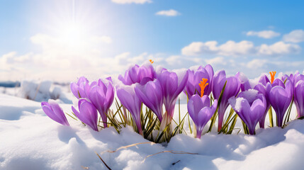 Spring Crocus Flowers in Snow in Sunny Day