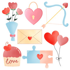 set of valentine sticker flower arrow envelope heart love cupcake puzzle