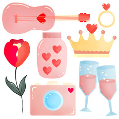 set of valentine day sticker yellow red pink green blue heart love crown ring guitar rose camera jar wine glass