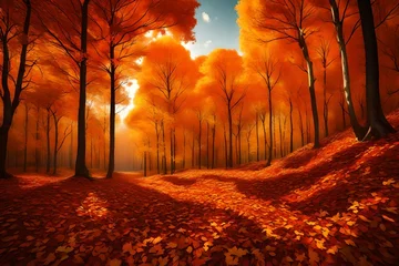 Schilderijen op glas autumn forest with a walking track  © tayyaba