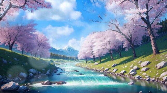 river with sakura tree and snowy mountain landscape looping animation background