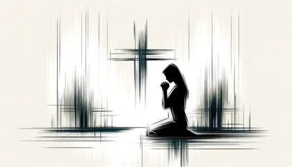 Foto op Plexiglas Illustration of a woman praying in front of a cross © Faith Stock