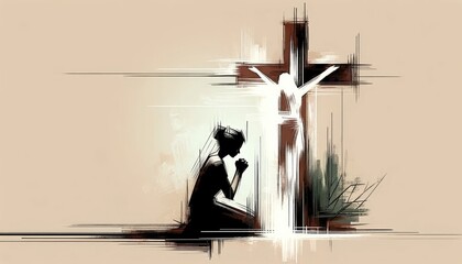 Illustration of a woman praying in front of a cross