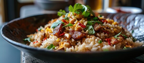 Chinese-style fried rice with roasted pork sausage, dried shrimp, peanuts, and coriander. - obrazy, fototapety, plakaty