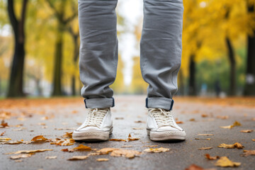 A guy's feet in stylish sneakers stand on an asphalt path in a city park, expressing urban youth...