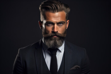 Fototapeta premium A portrait of a man with a meticulously groomed beard and a classic side-parted haircut, radiating timeless sophistication. Male, 33 years old, European ethnicity