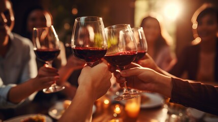 Closeup of group of people toasting with wine glasses at restaurant for dinner. AI generated image