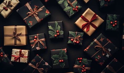 Box of presents at black background