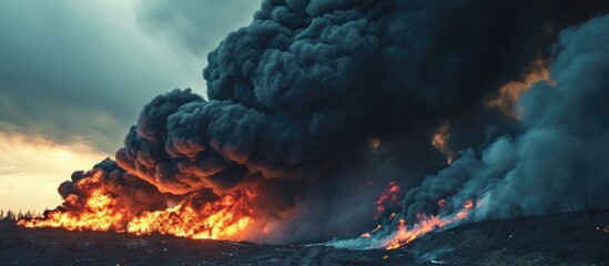Black smoke rises from the fire, symbolizing the harshness of war. - obrazy, fototapety, plakaty