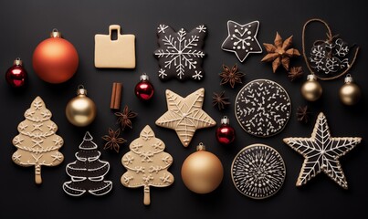 Set of Christmas items on dark background