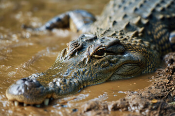 Obraz premium A saltwater crocodile lurking in the muddy waters of a northern Australian river, with a focus on its powerful jaws