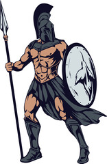 Spartan warrior with spear and shield cartoon illustration