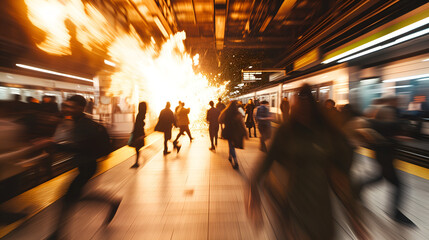 Terrorism explosion causes panic in the subway. Blurred chaos - obrazy, fototapety, plakaty