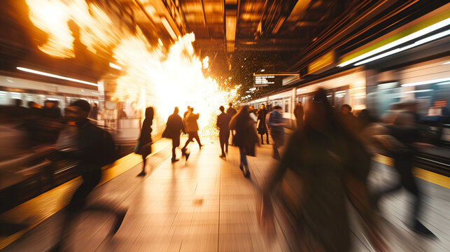 Terrorism explosion causes panic in the subway. Blurred chaos