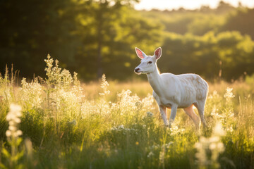 Naklejka premium An albino deer peacefully foraging in a sunlit meadow, illustrating the serenity and natural charm of wildlife in its habitat