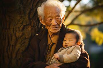 
Photograph of an extremely old Asian man, around 97 years old, holding his newborn great-granddaughter in a tranquil park, the natural setting highlighting the cycle of life and the preciousness of t - obrazy, fototapety, plakaty