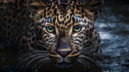 Portrait of a Leopard in the Water Swimming and Looking