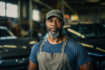 Portrait of a mechanic, male, 50 years old, African American, in a dirty work overall, in a car workshop, emphasizing experience and professionalism