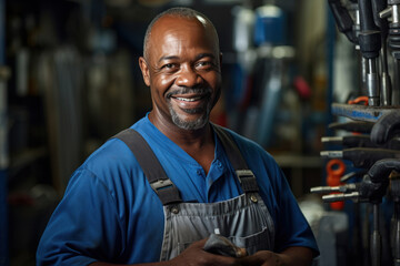 Portrait of an experienced plumber, male, 48 years old, African American, holding tools, in a typical work setting, with natural lighting and focus on skilled hands - obrazy, fototapety, plakaty