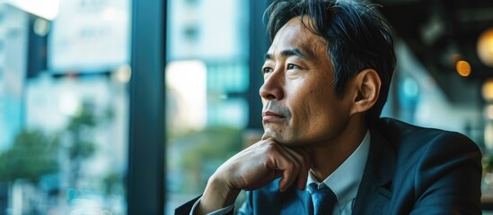 Asian middle-aged businessperson contemplating in a workspace.