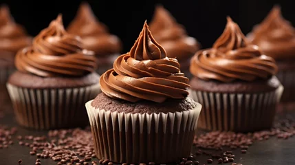 Fotobehang Sweet snack dark chocolate cupcakes with chocolate ganache frosting on dark background. AI generated © atapdesain