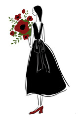 It is a painting of a girl in a black dress holding a red flower.