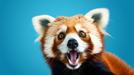 Surprised red panda bear on blue background