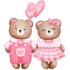 Watercolor valentine teddy couple with pink heart illustration.