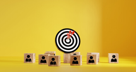 target board and arrow which print screen to wooden cube block. Business achievement goal and...